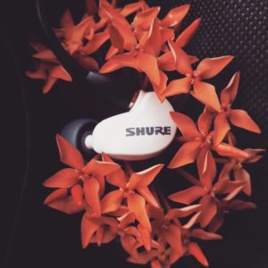 Shure headphones on red flowers